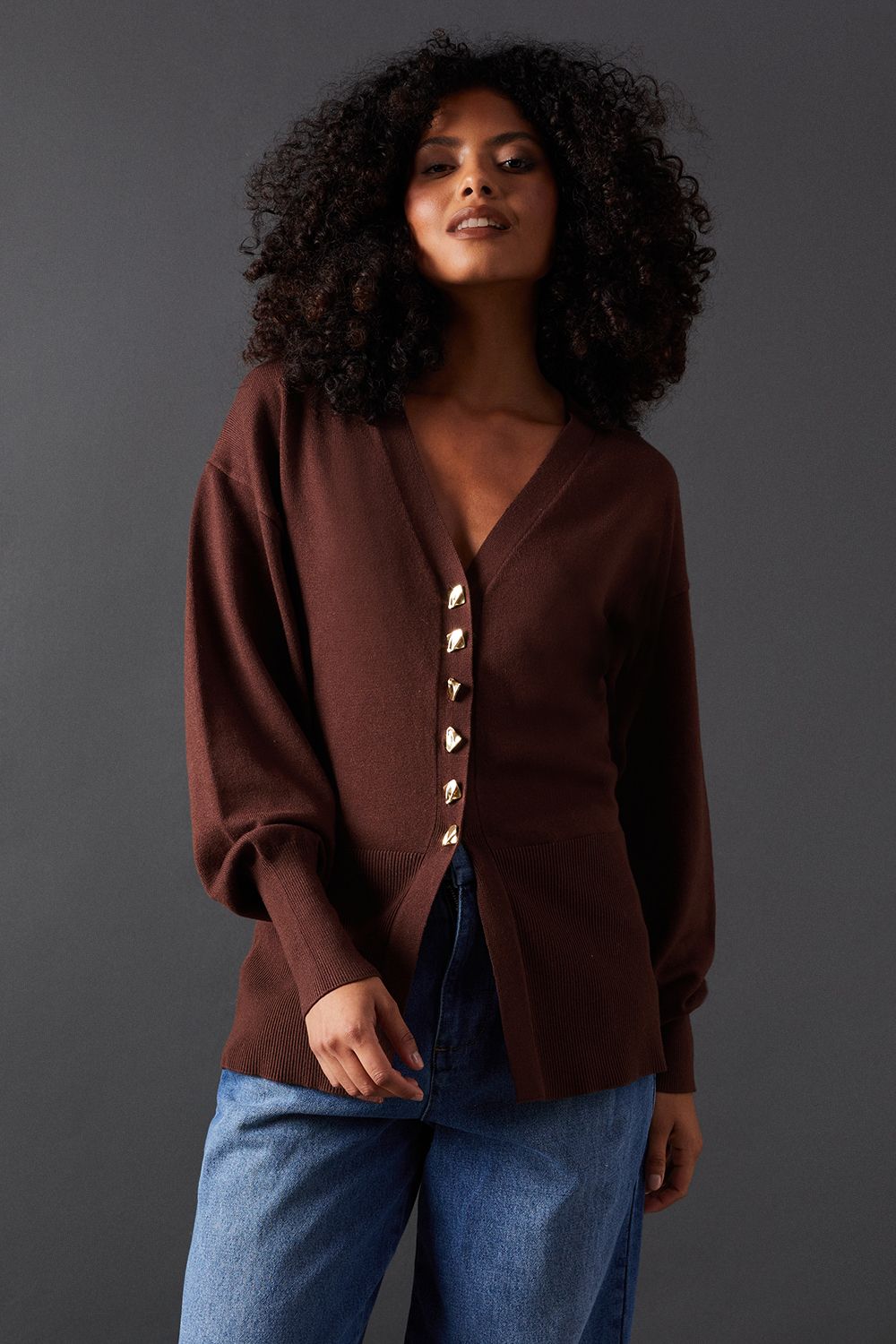 Warehouse Fit And Flare Plunge V Neck Cardigan Chocolate image 4