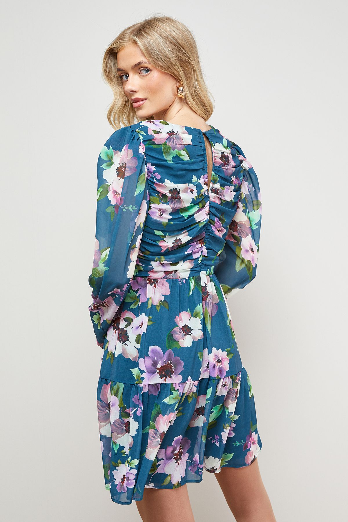 Oasis Printed Statement Shoulder Ruched Body Mini Dress Multi image 5