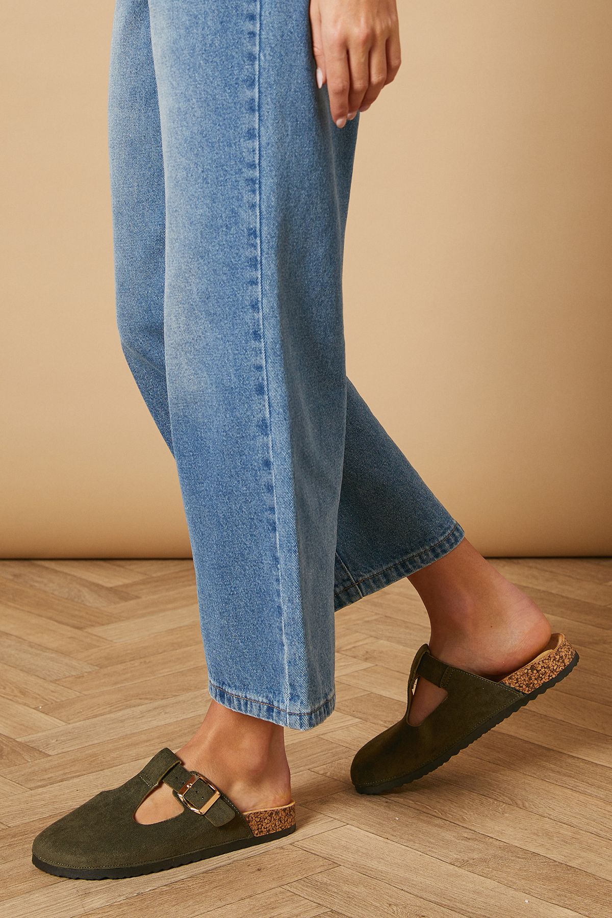 Oasis Emmeline Faux Suede T Bar Mary Jane Closed Toe Footbed Mules Olive image 3