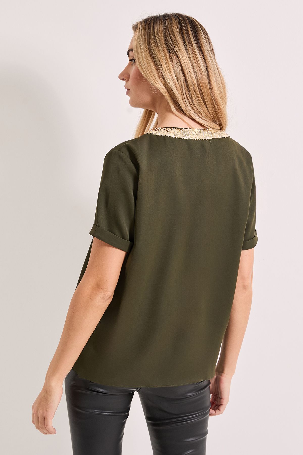 Dorothy Perkins V Neck Short Sleeve Sequin T-Shirt Khaki image 3