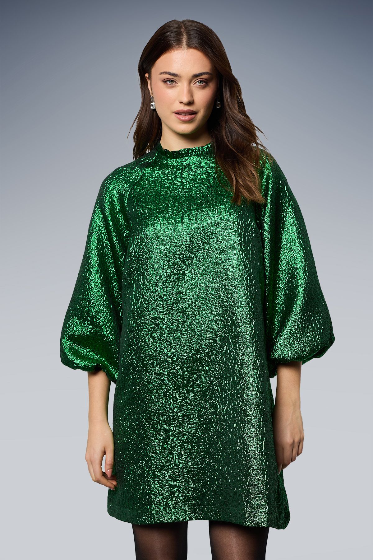 Dorothy Perkins DP Luxe Metallic Jacquard Blouson Sleeve Mini Dress Green image 2