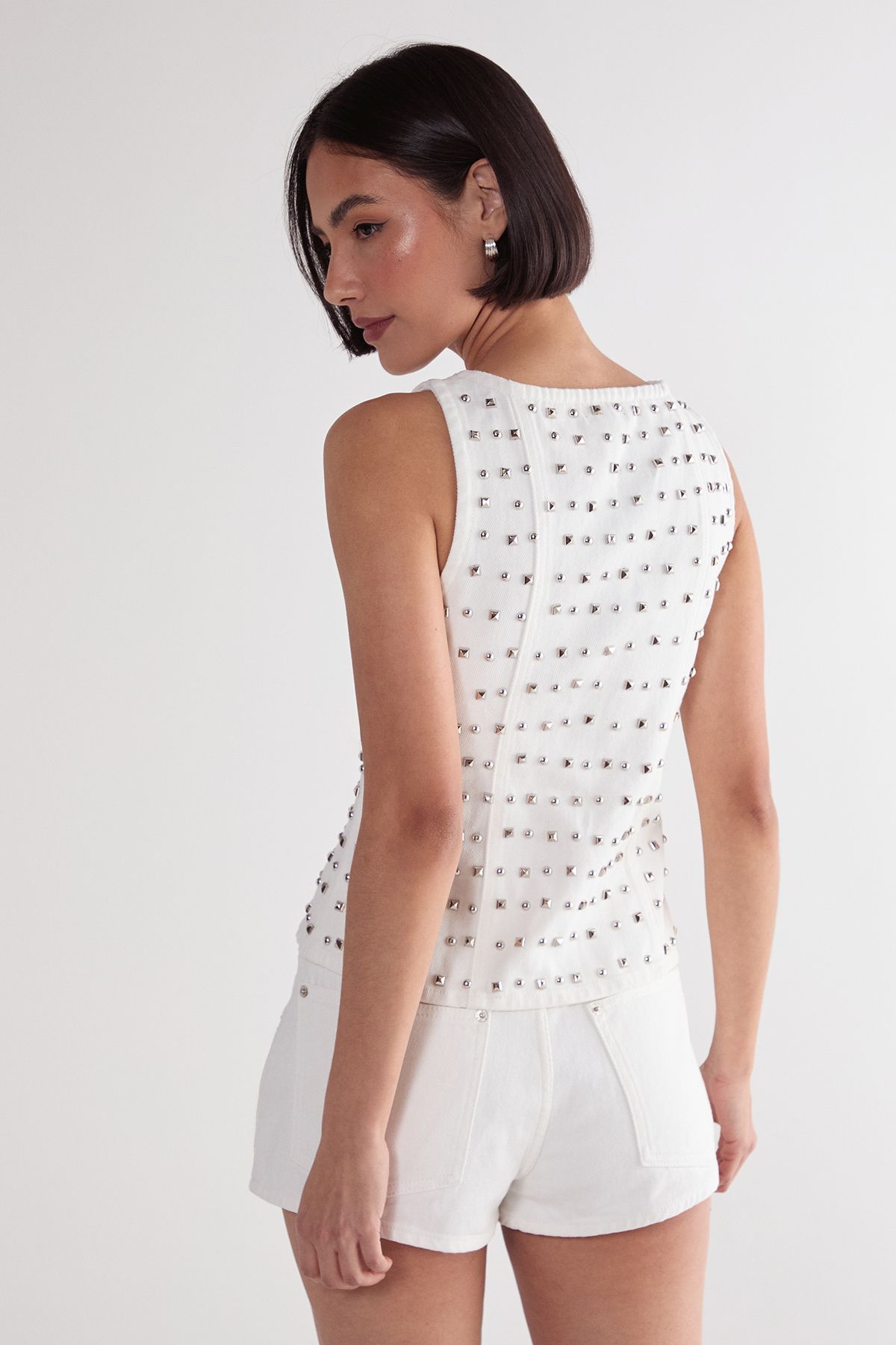 NastyGal Studded Denim Shorts White image 3