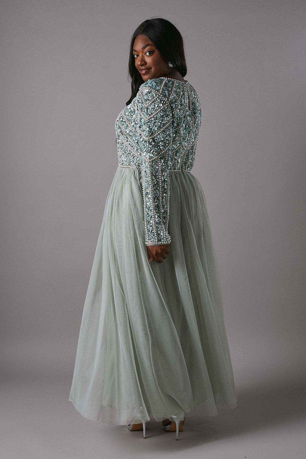 Coast Plus Size Pearl Embellished Bodice Bridesmaid Tulle Skirt Dress Sage image 5