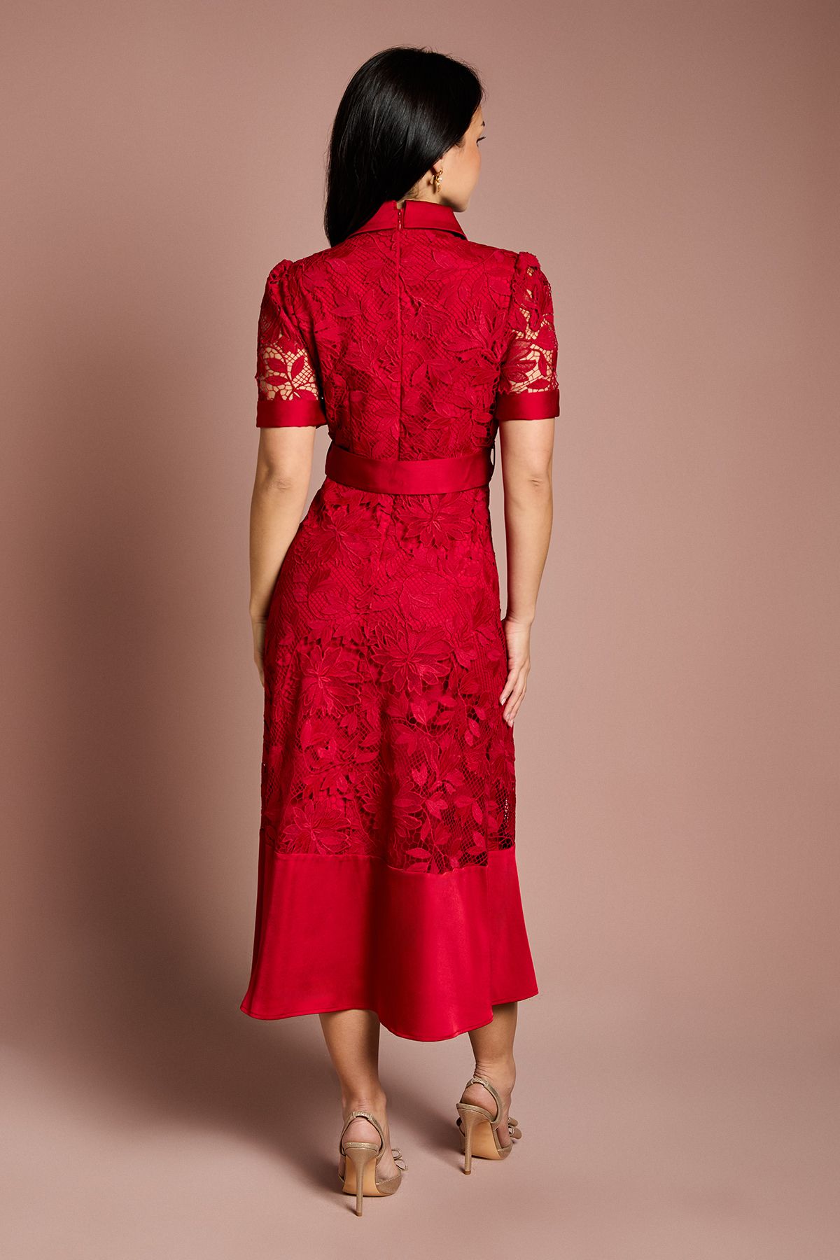 Coast Petite Satin Trim Lace Shirt Midi Dress Red image 3