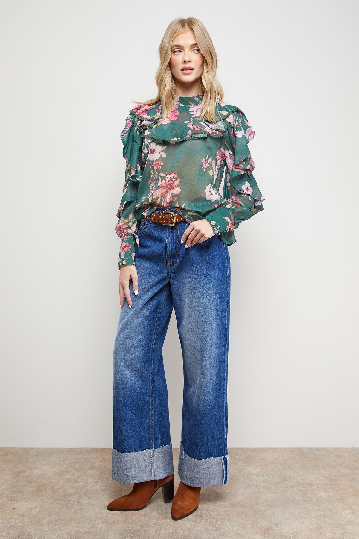 Oasis Printed Frill Yoke High Neck Blouse Multi image 2