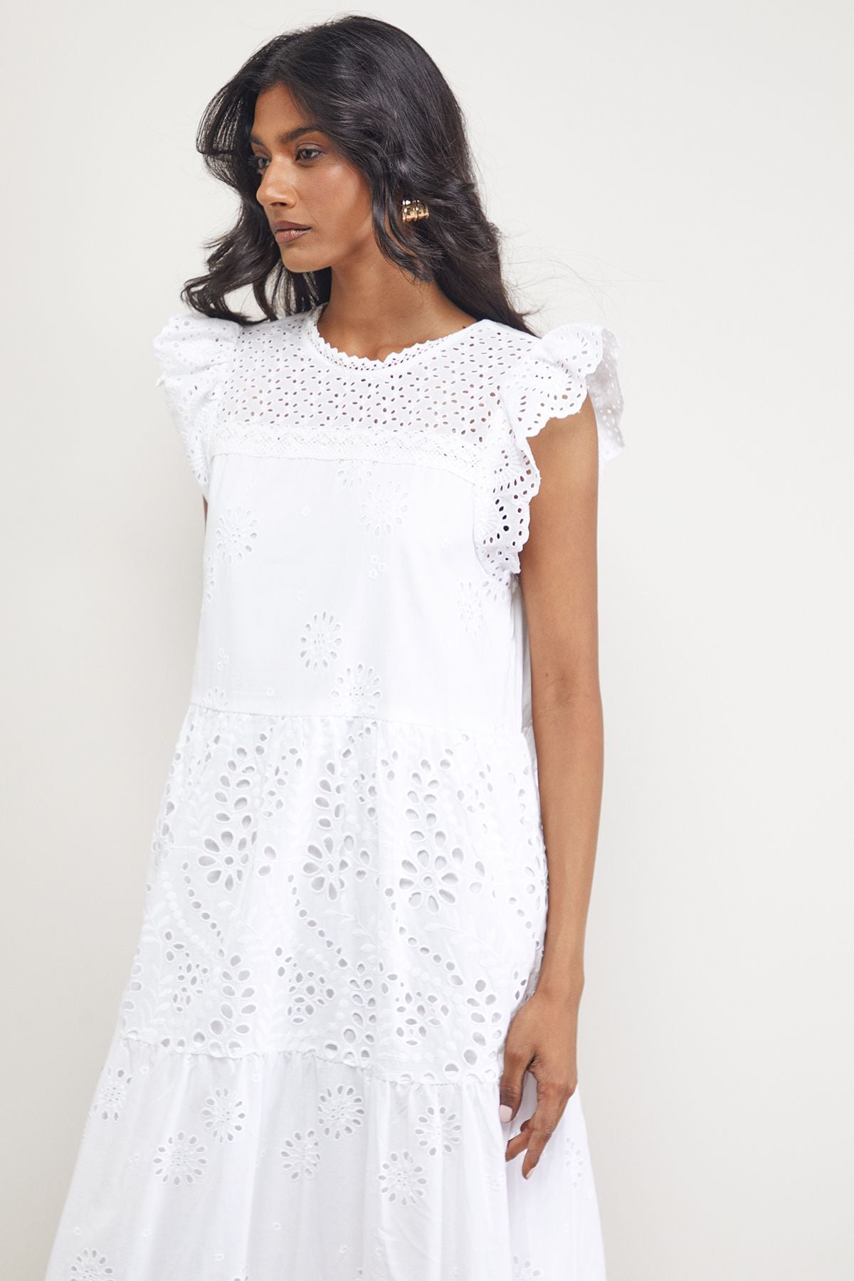 Warehouse Petite Broderie Mix Tiered Midi Dress White image 4