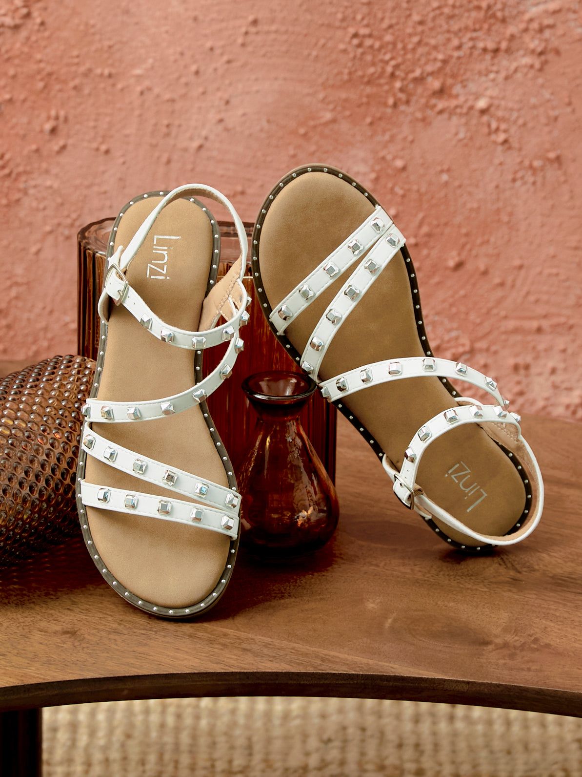 Linzi Destino White Faux Leather Studded Gladiator Style Flat Sandal image 2