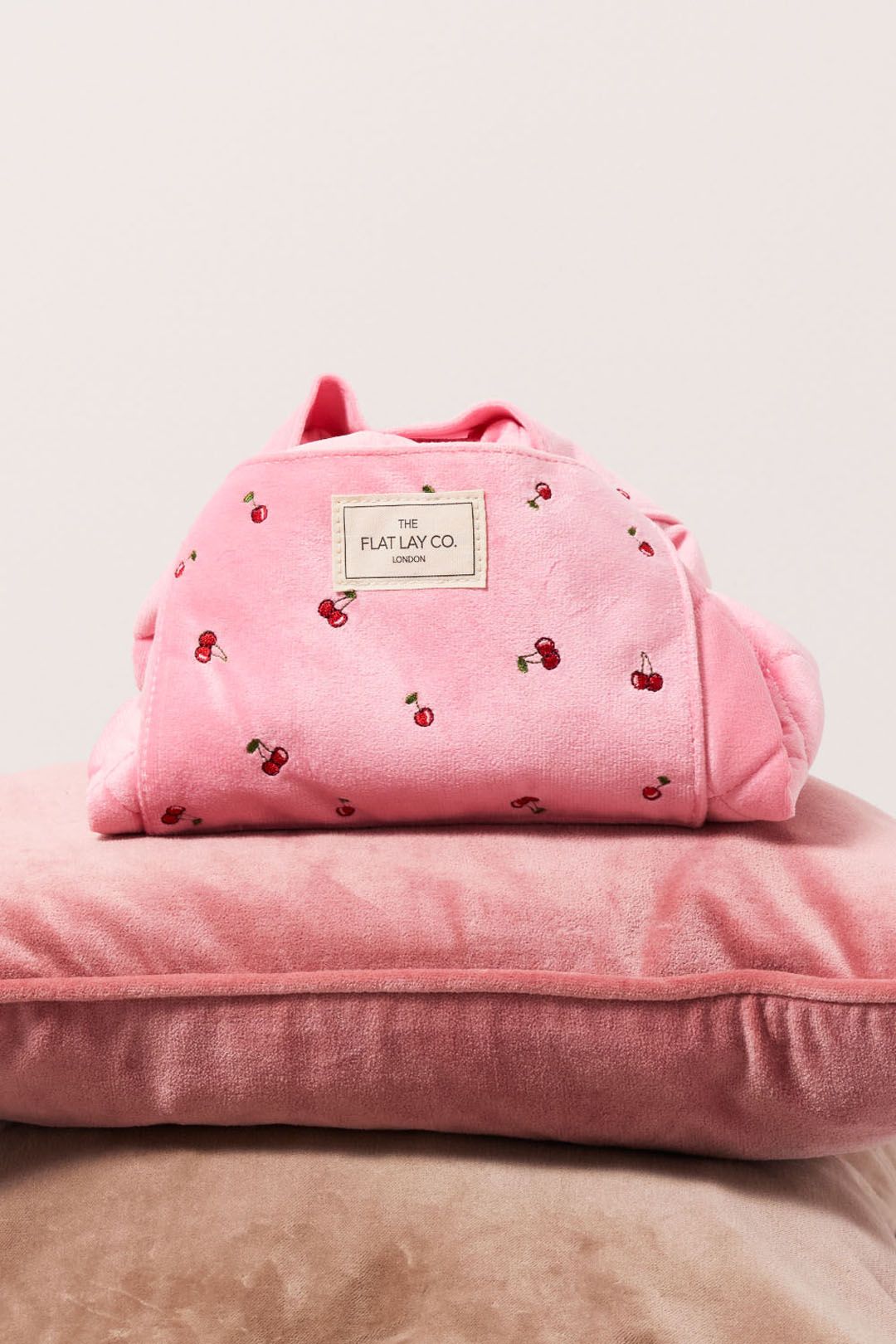 The Flat Lay Co Drawstring Makeup Bag - Ditsy Cherries Pink Embroidered Velvet Multi image 9
