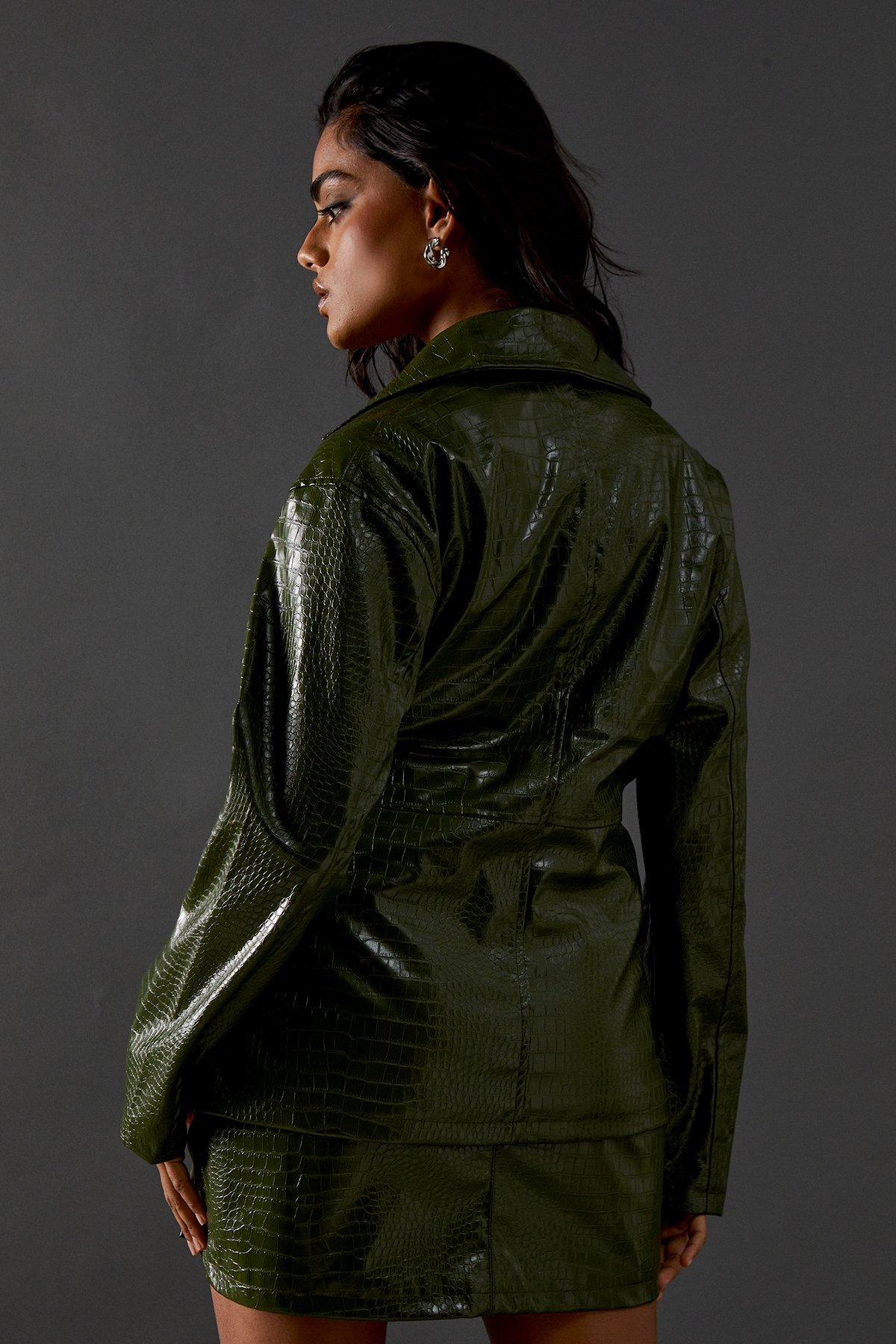 Warehouse Croc Waist Detail Faux Leather Jacket Green Olive image 3