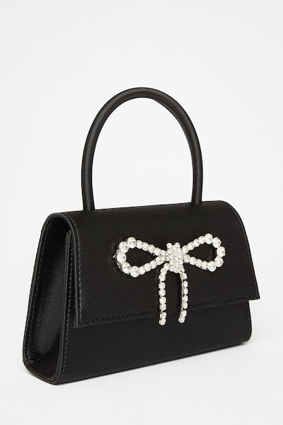 Quiz Black Diamante Bow Top Handle Bag