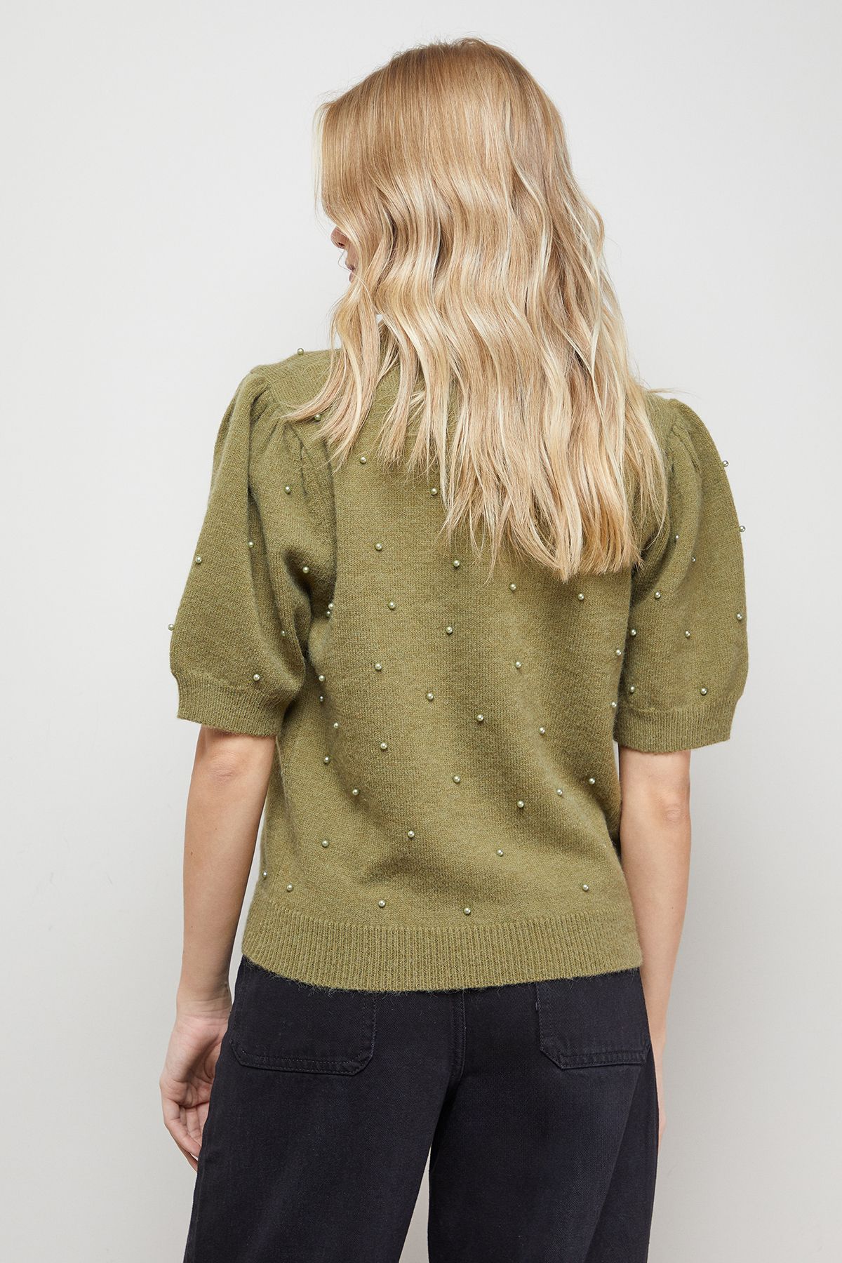 Oasis Pearl Embellished Crew Neck Puff Sleeve Knit Top Olive image 3
