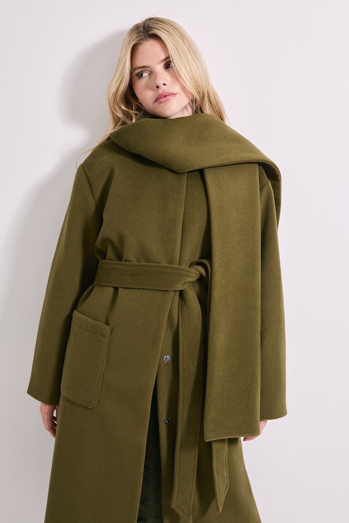 Dorothy Perkins Belted Round Neck Scarf Coat Olive image 2