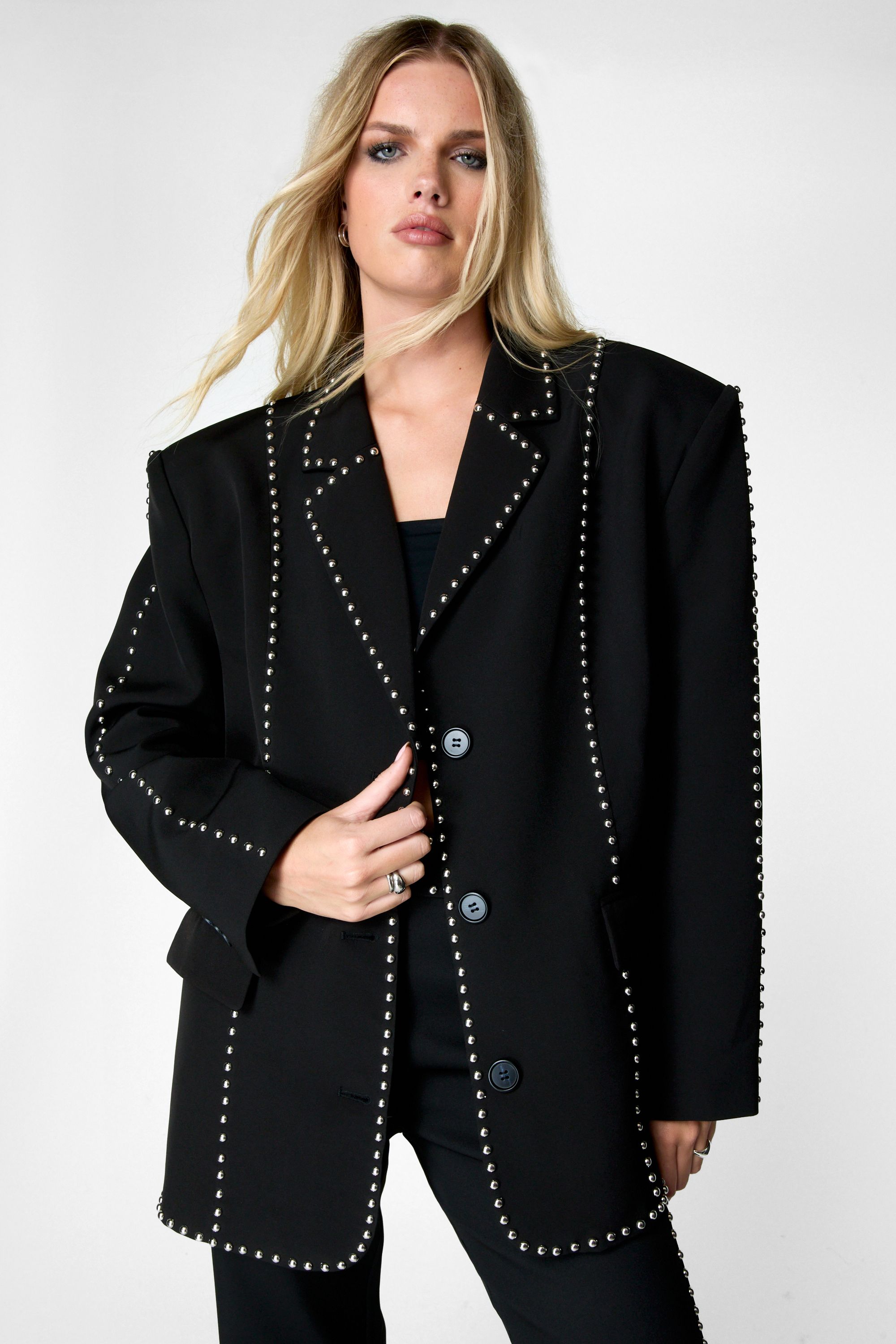 NastyGal Premium Studded Oversized Blazer Black image 1