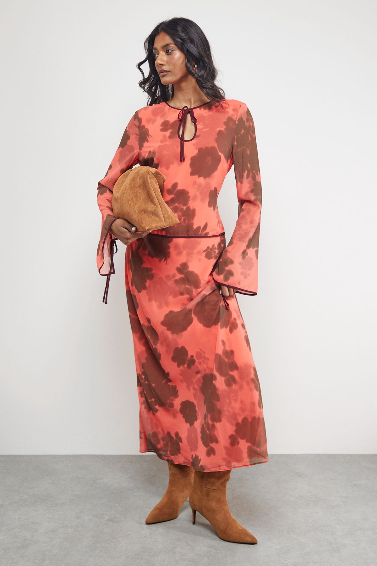 Warehouse Georgette Tie Front Keyhole Tie Cuff Midi Dress Red image 1