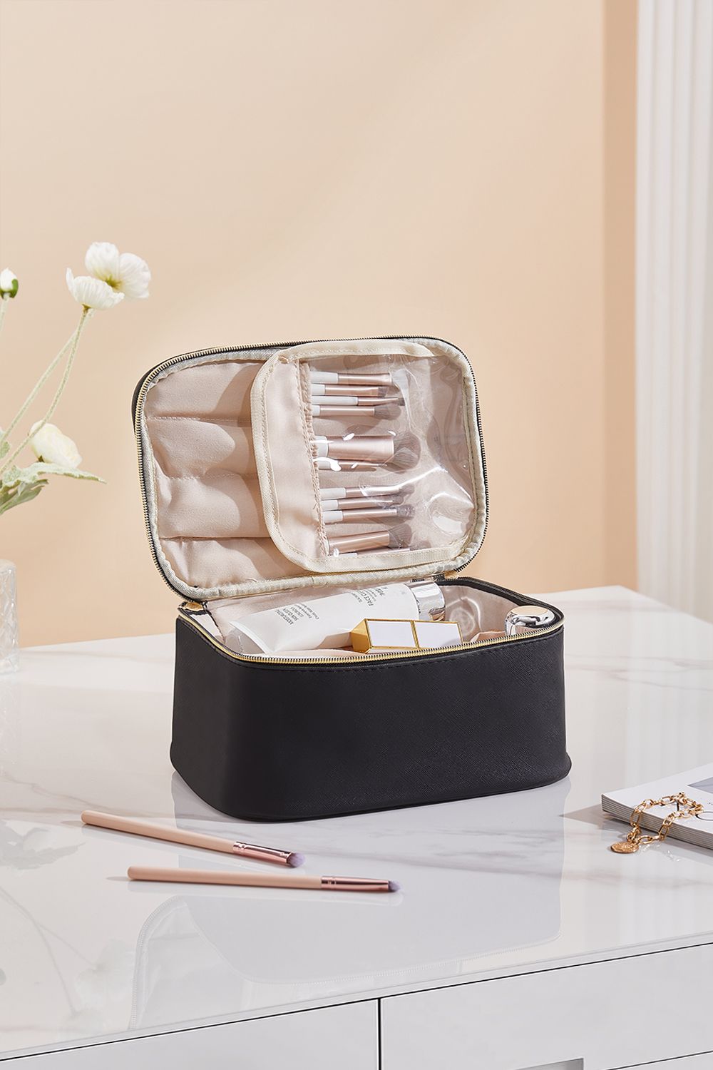 SHEONLY Double Zipper Travel Makeup Bag Travel Portable Cosmetic Bag With Handle and Divider for Women Girls image 1