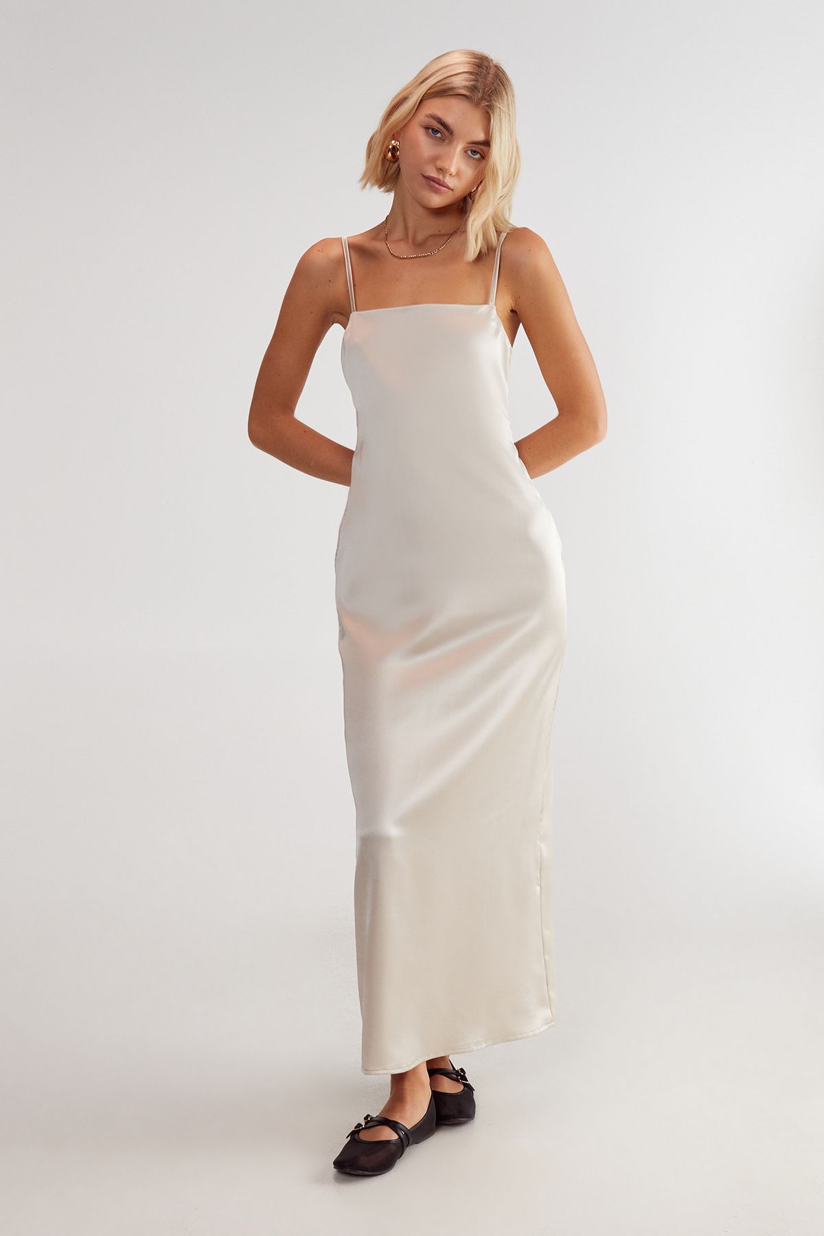 NastyGal Satin Square Neck Maxi Slip Dress Champagne image 2