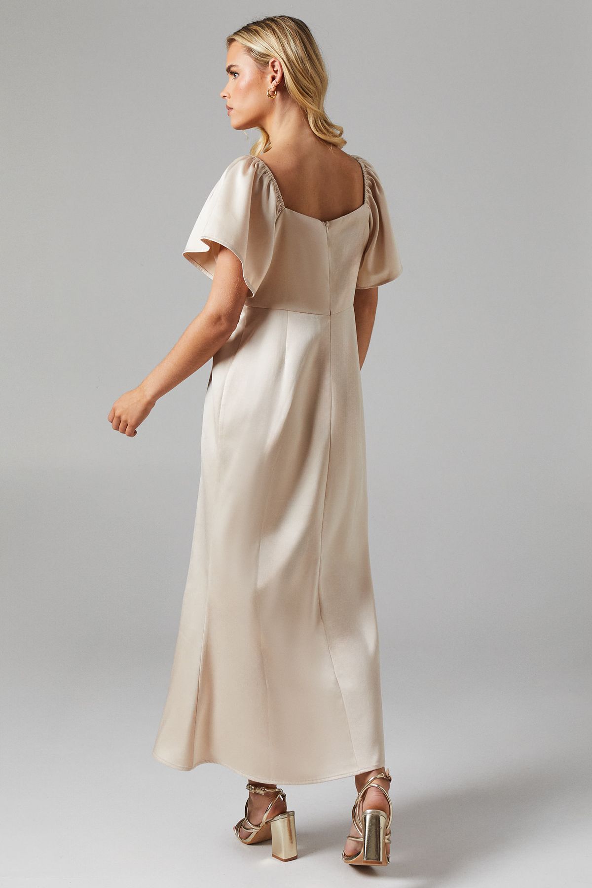 Oasis Petite Angel Sleeve Satin Bridesmaid Midi Dress Champagne image 3
