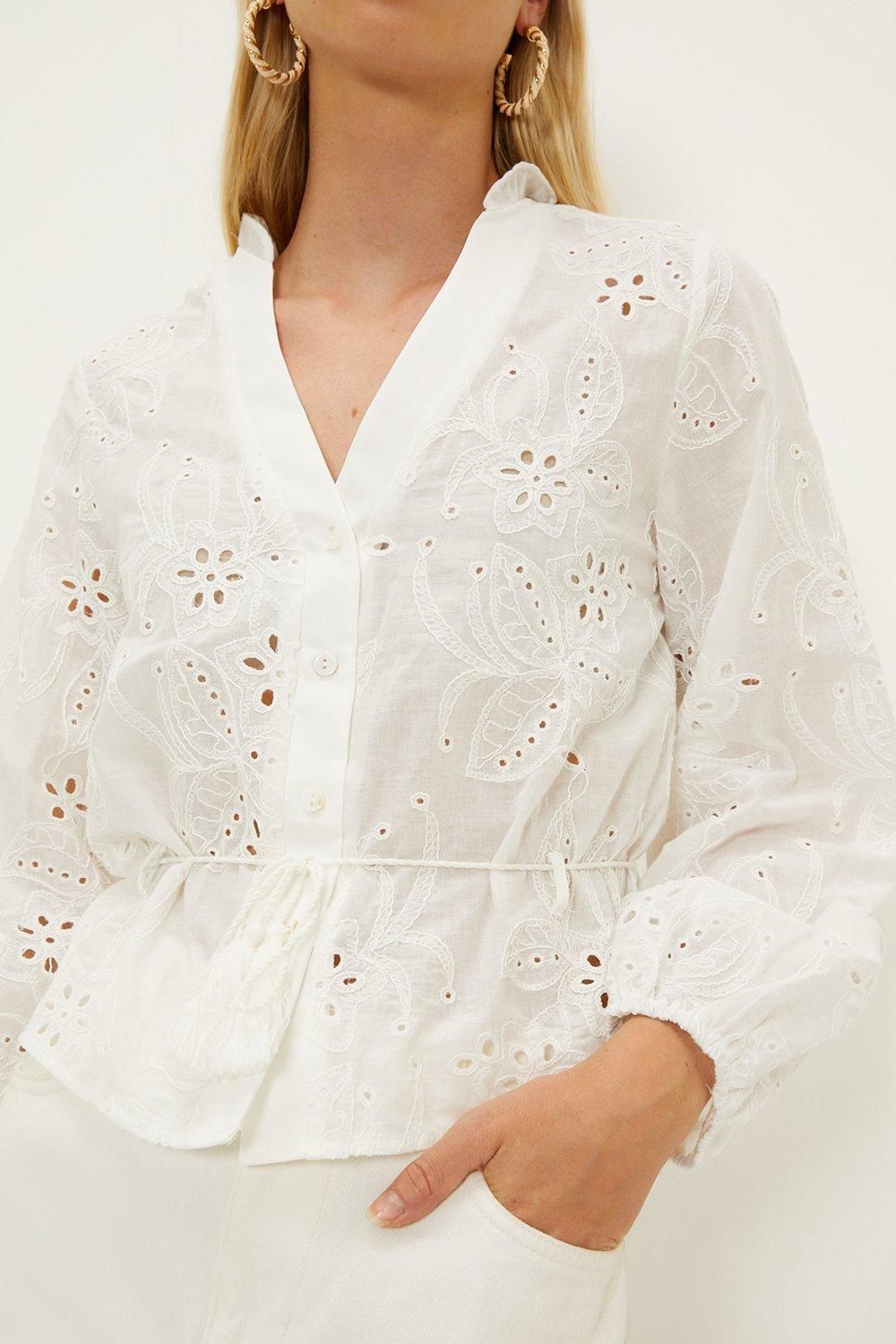 Oasis Broderie Button Through Tie Waist Blouse White image 2