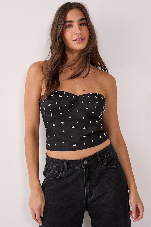 NastyGal Satin Diamante Seam Detail Corset Top Black