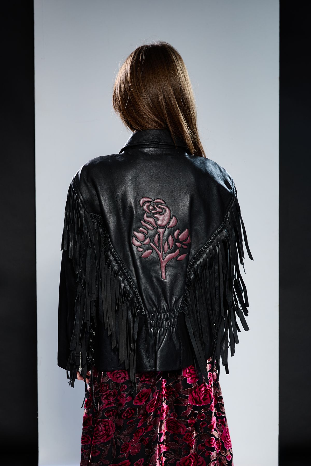 RUNWAY 1.8.1.8 Runway 1.8.1.8 Leather Rose Detail Fringed Jacket Black image 3