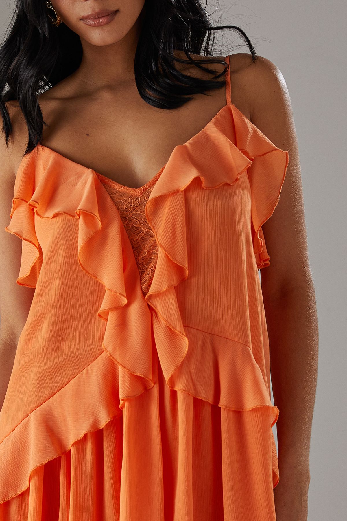 Warehouse Chiffon Strappy Lace Insert Smock Mini Dress Peach image 4