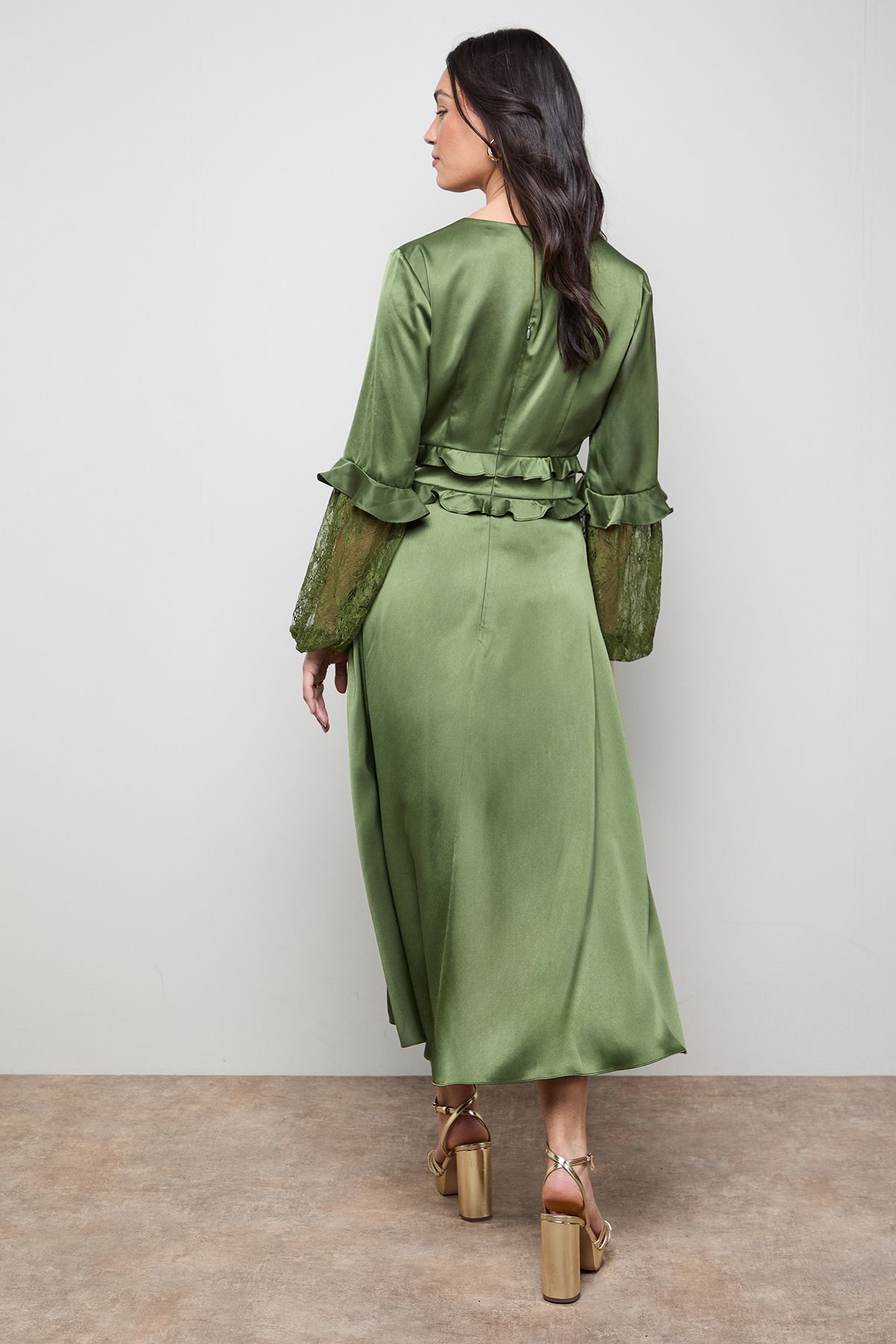 Oasis Lace Sleeve Frill Waist V Neck Midi Dress Olive image 3