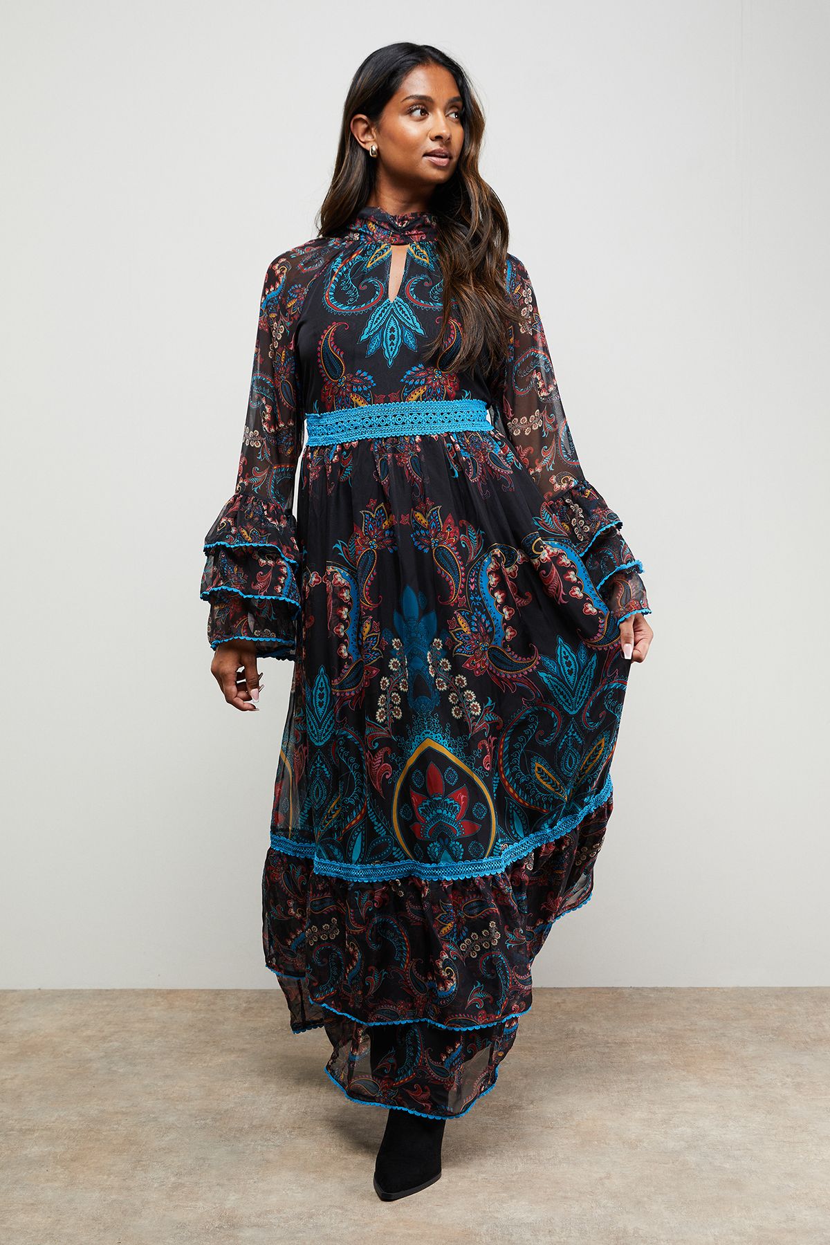 Oasis Placement Print Lace Detail High Neck Maxi Smock Dress Teal image 1