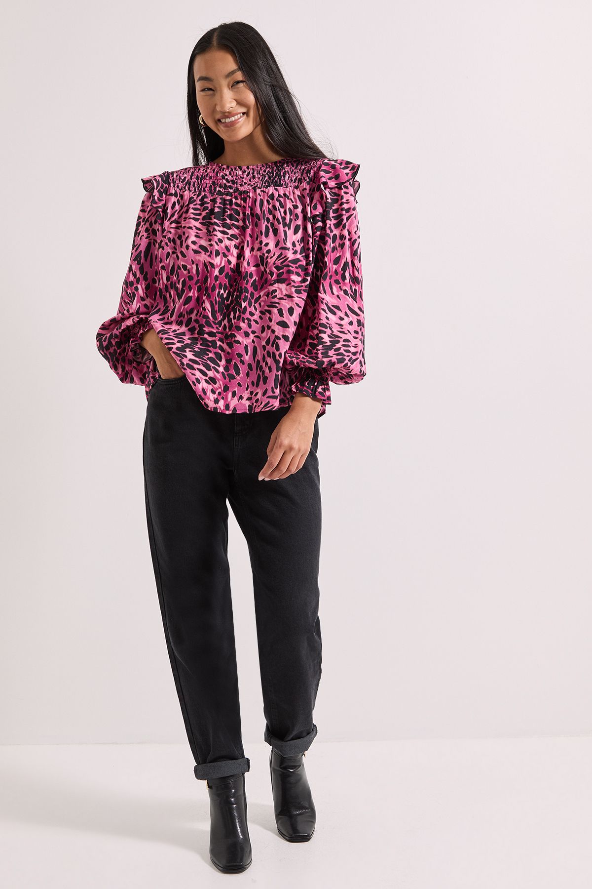 Dorothy Perkins Animal Print Petite Shirred Yoke Frill Detail Tip Animal image 2