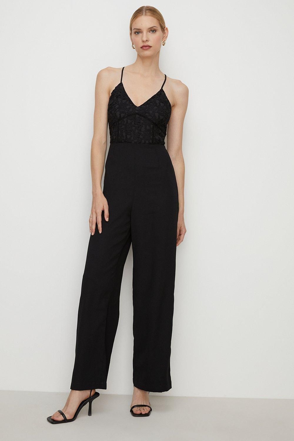 Oasis Strappy Lace Mix Crepe Wide Leg Jumpsuit Black image 1