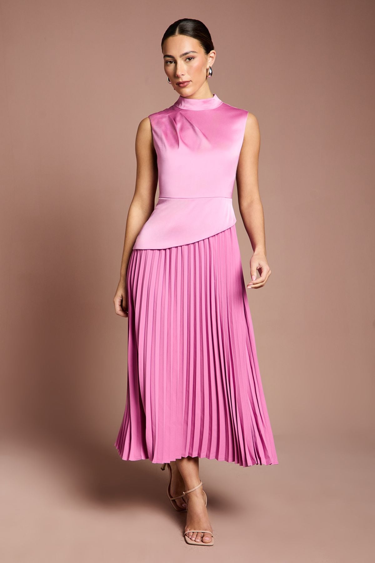 Coast Drape High Neck Pleated Skirt Midi Dress Pink image 1