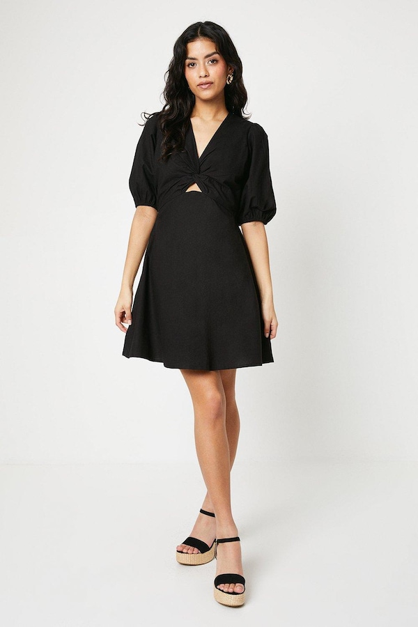 Oasis Petite Cotton Poplin Knot Front Puff Sleeve Mini Dress Black
