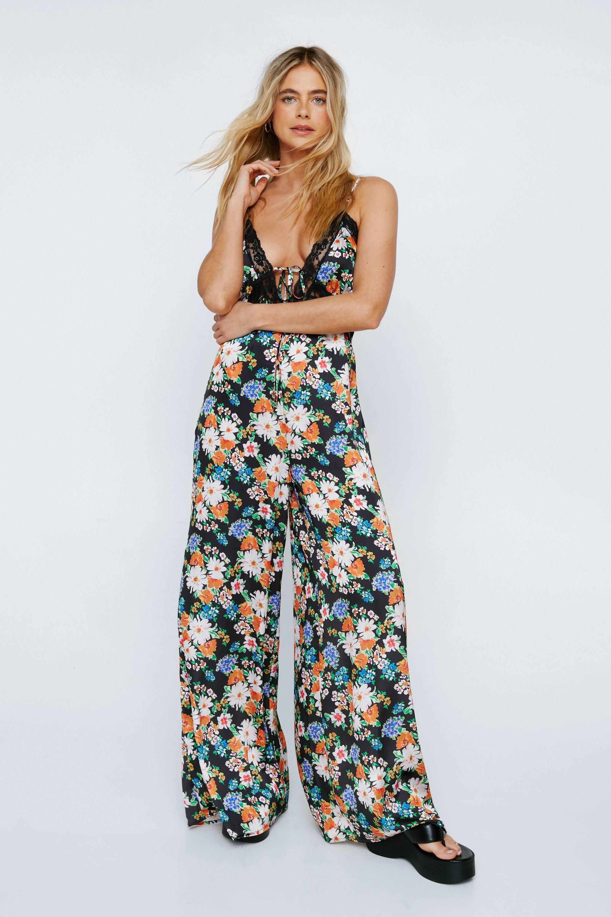 NastyGal Floral Satin Lace Trim Jumpsuit Black image 1