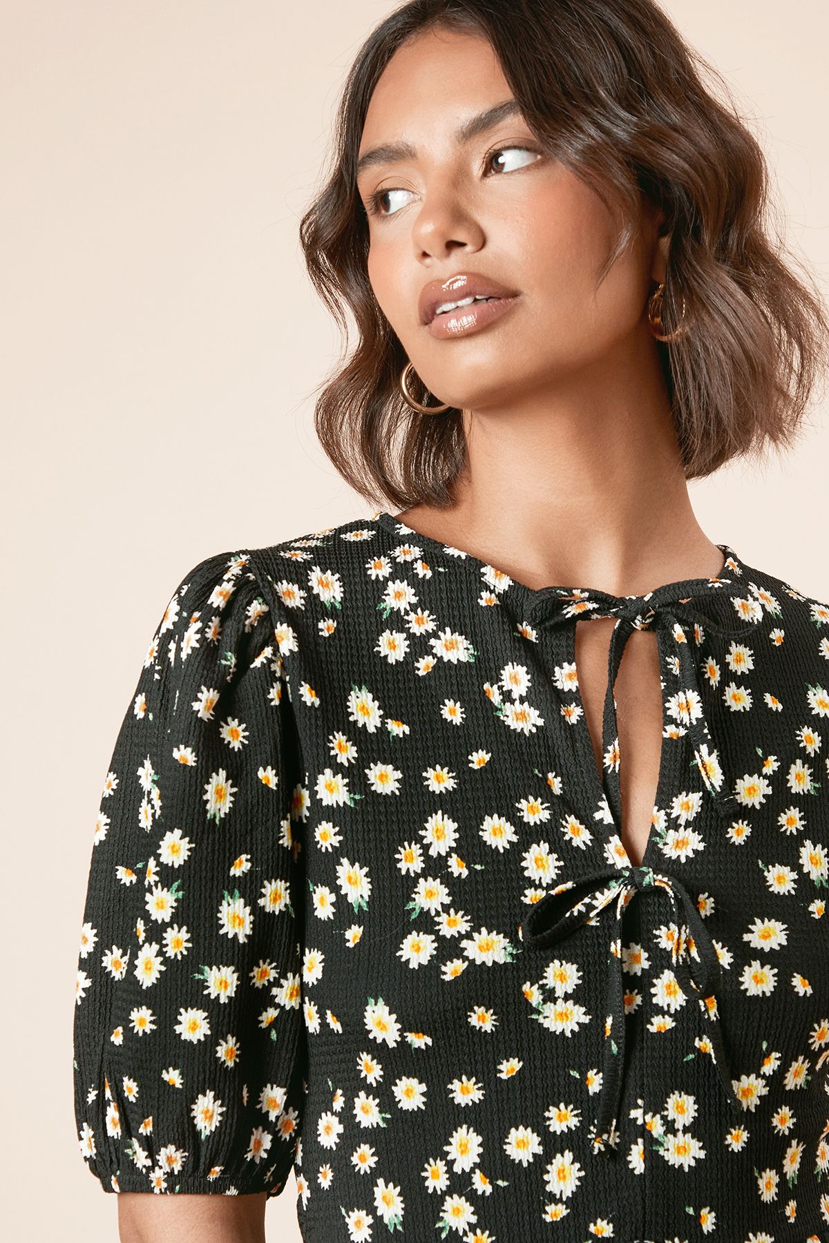 Dorothy Perkins Floral Bow Tie Front Puff Sleeve Jersey Top Mono image 3