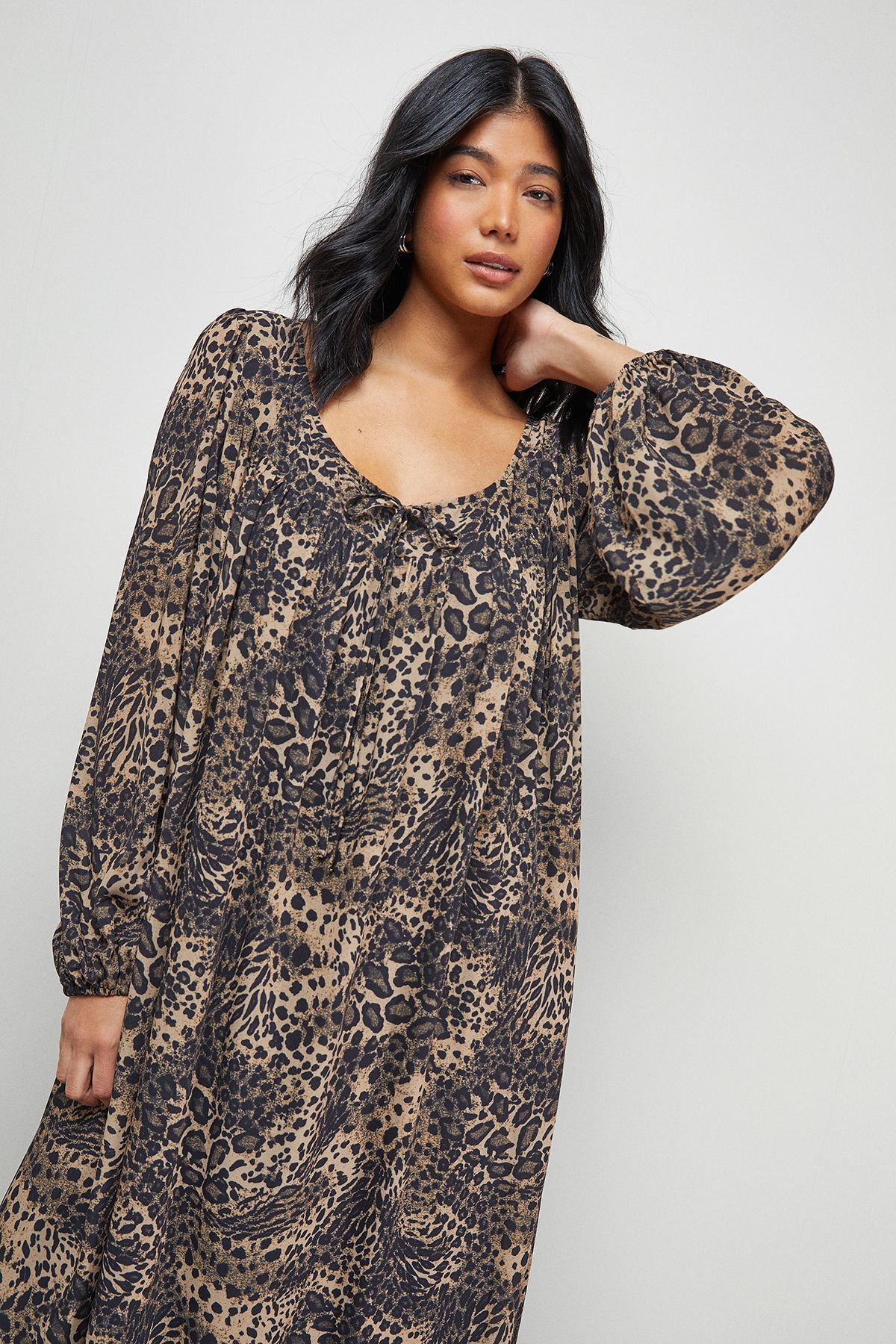 Warehouse Chiffon Tie Front Volume Midi Smock Dress Leopard image 2