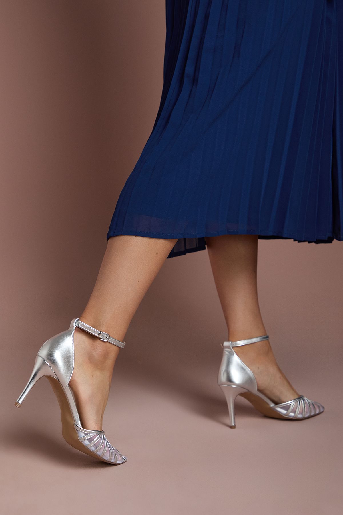 Coast Krystal Metallic Faux Leather Mesh Detail High Stiletto Heel Court Shoes Silver image 4