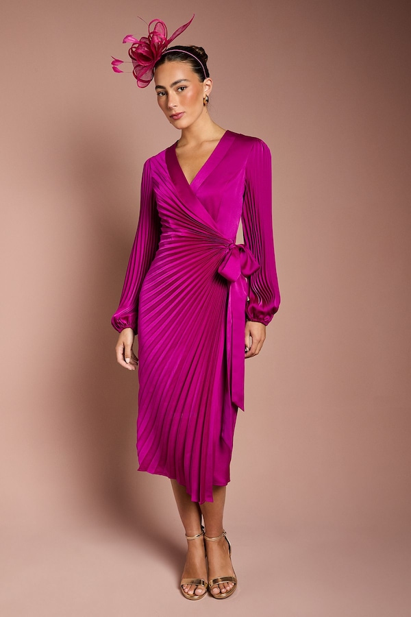 Coast Satin Pleated Wrap Dress Berry