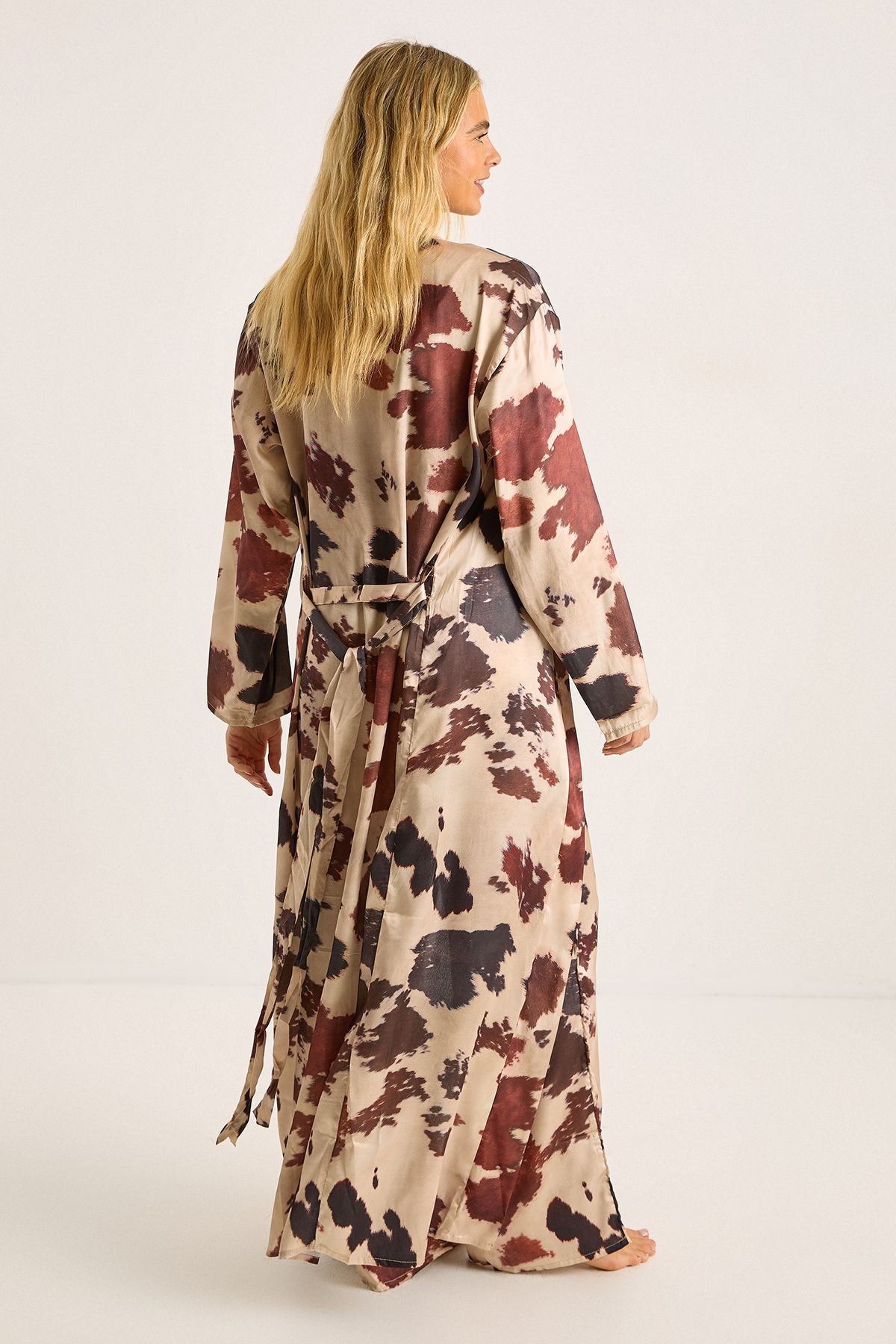 NastyGal Cow Satin Cowl Pajama Pants and Robe 3pc Set Chocolate image 4