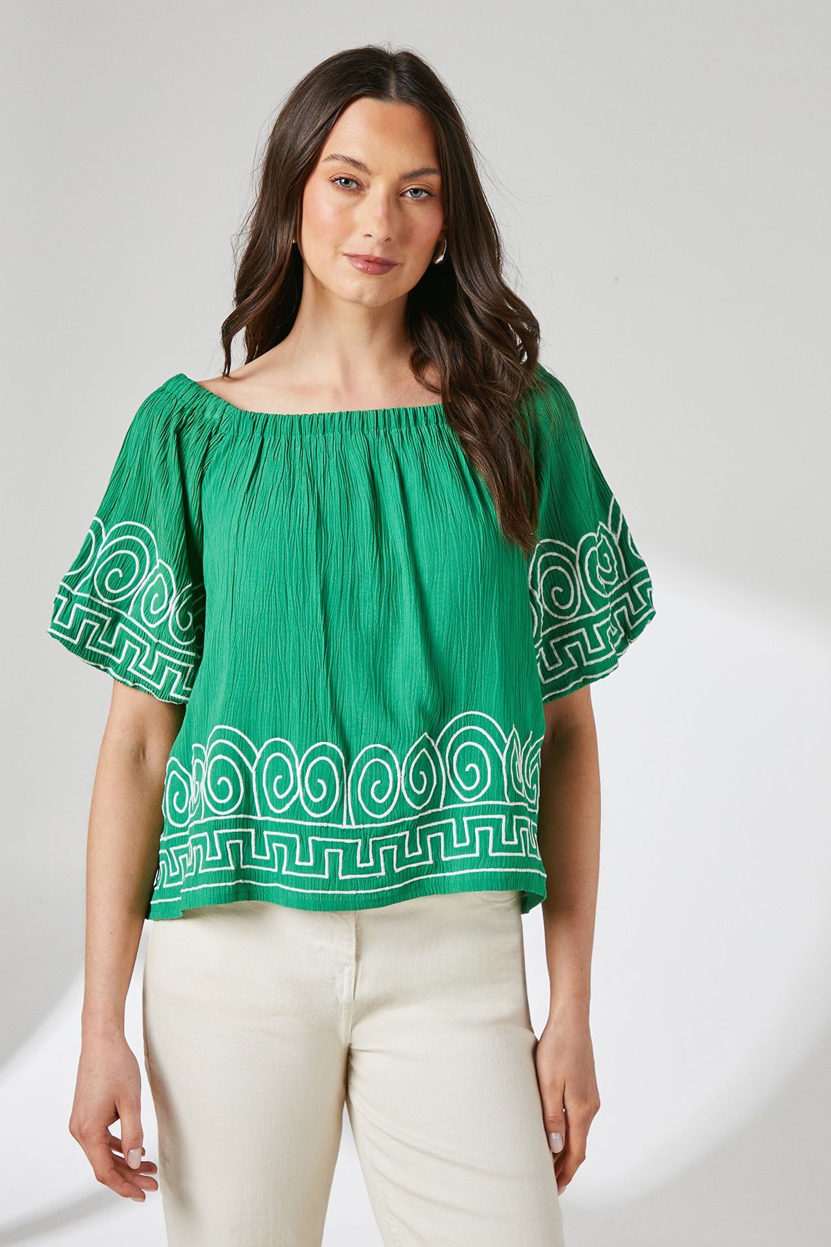 Principles Crinkle Bardot Bubble Sleeve Top Bright Green