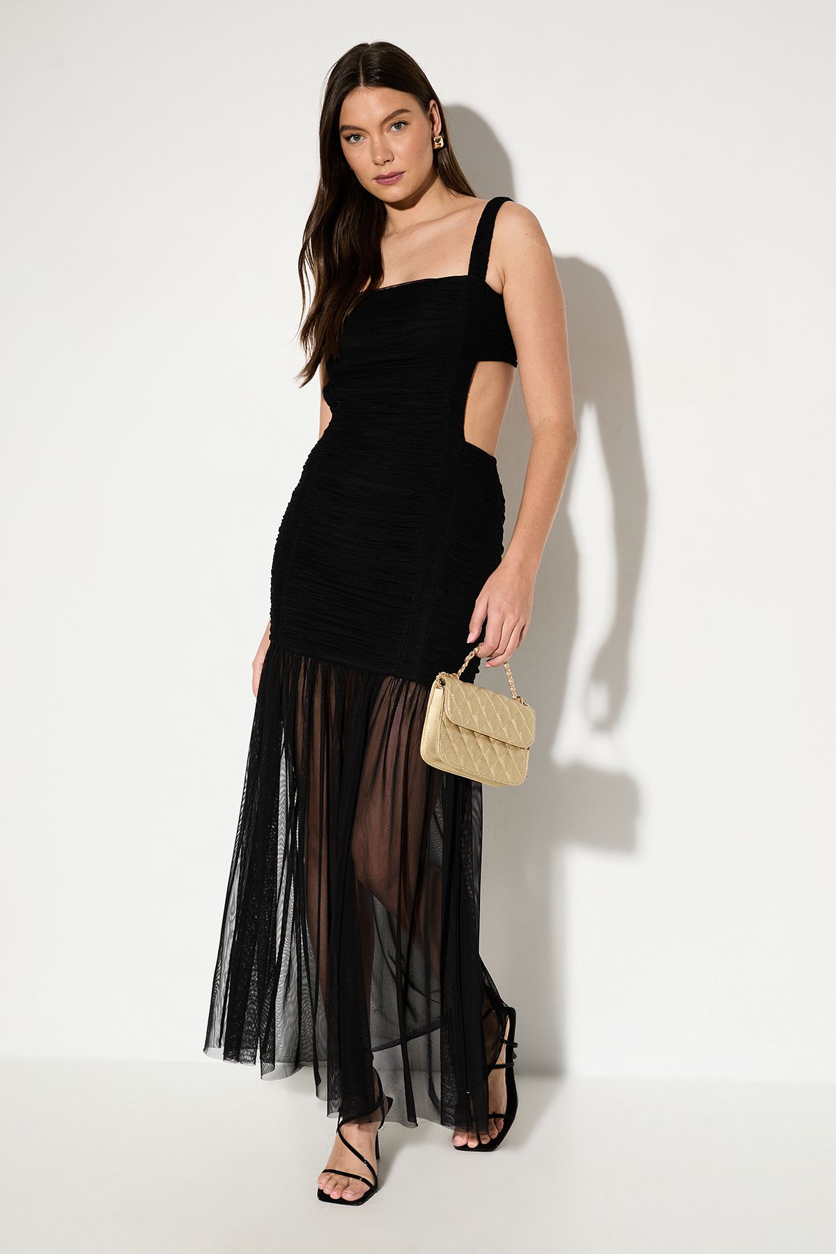 MissPap Open Back Mesh Ruched Maxi Dress Black image 1