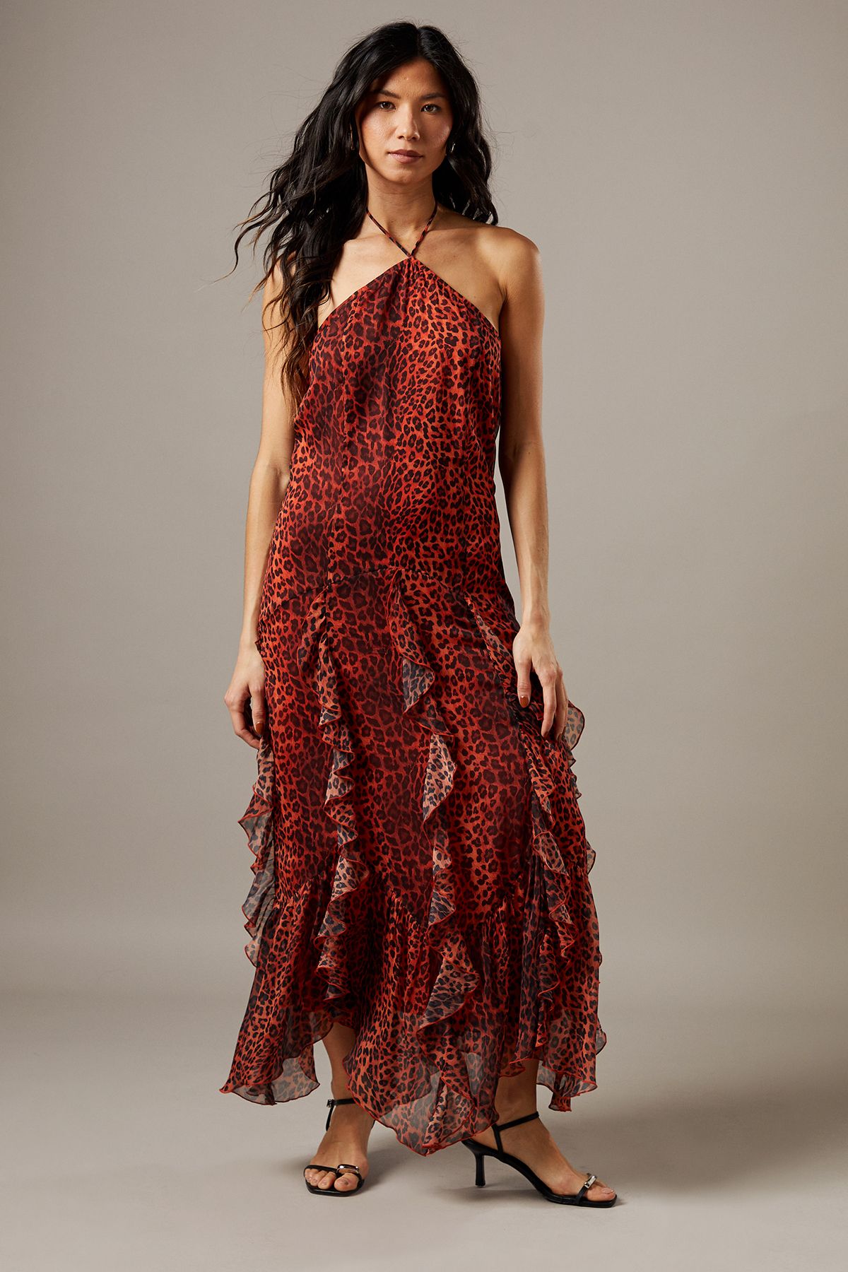 Warehouse Chiffon Halter Tendril Ruffle Midi Dress Animal