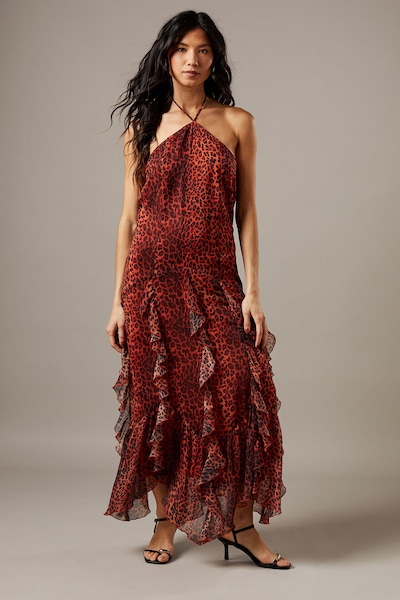 Warehouse Chiffon Halter Tendril Ruffle Midi Dress Animal