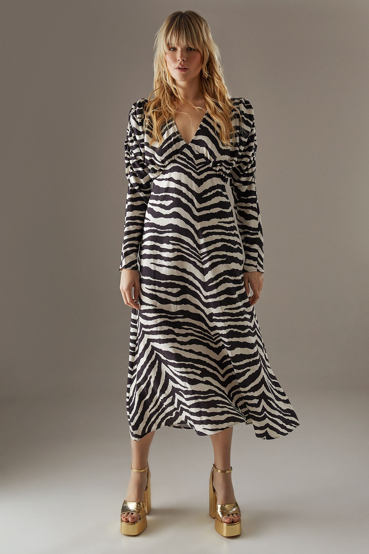 Warehouse Zebra Viscose V Neck Long Puff Sleeve Midi Dress Zebra image 1
