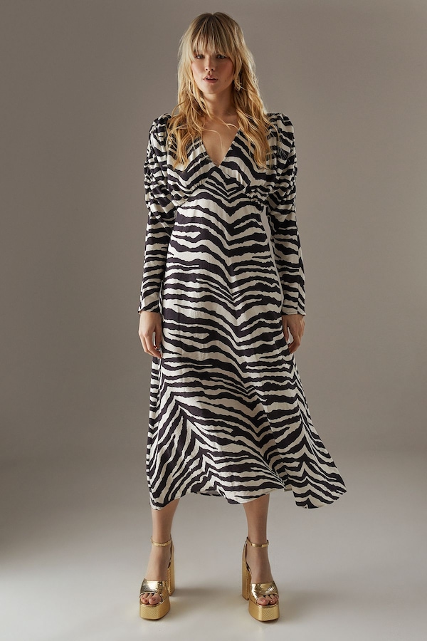 Warehouse Zebra Viscose V Neck Long Puff Sleeve Midi Dress Zebra