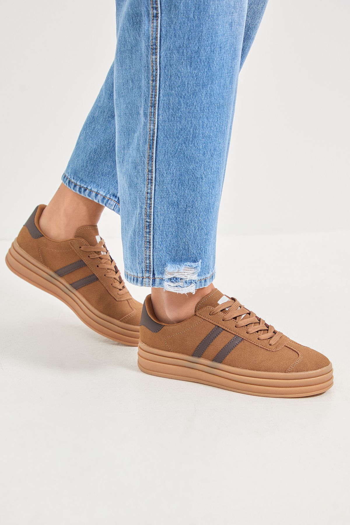 Oasis Isla Faux Suede Lace Up Platform Trainers Brown image 1