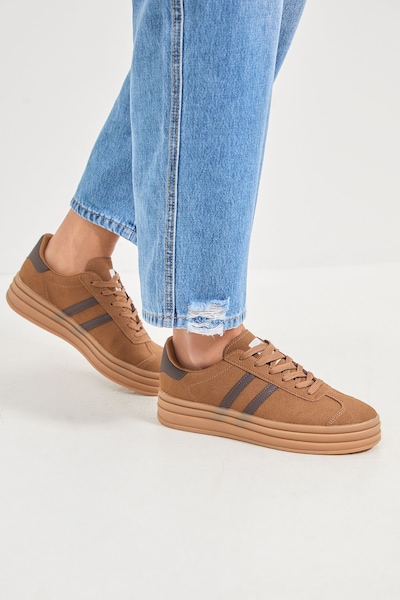Oasis Isla Faux Suede Lace Up Platform Trainers Brown