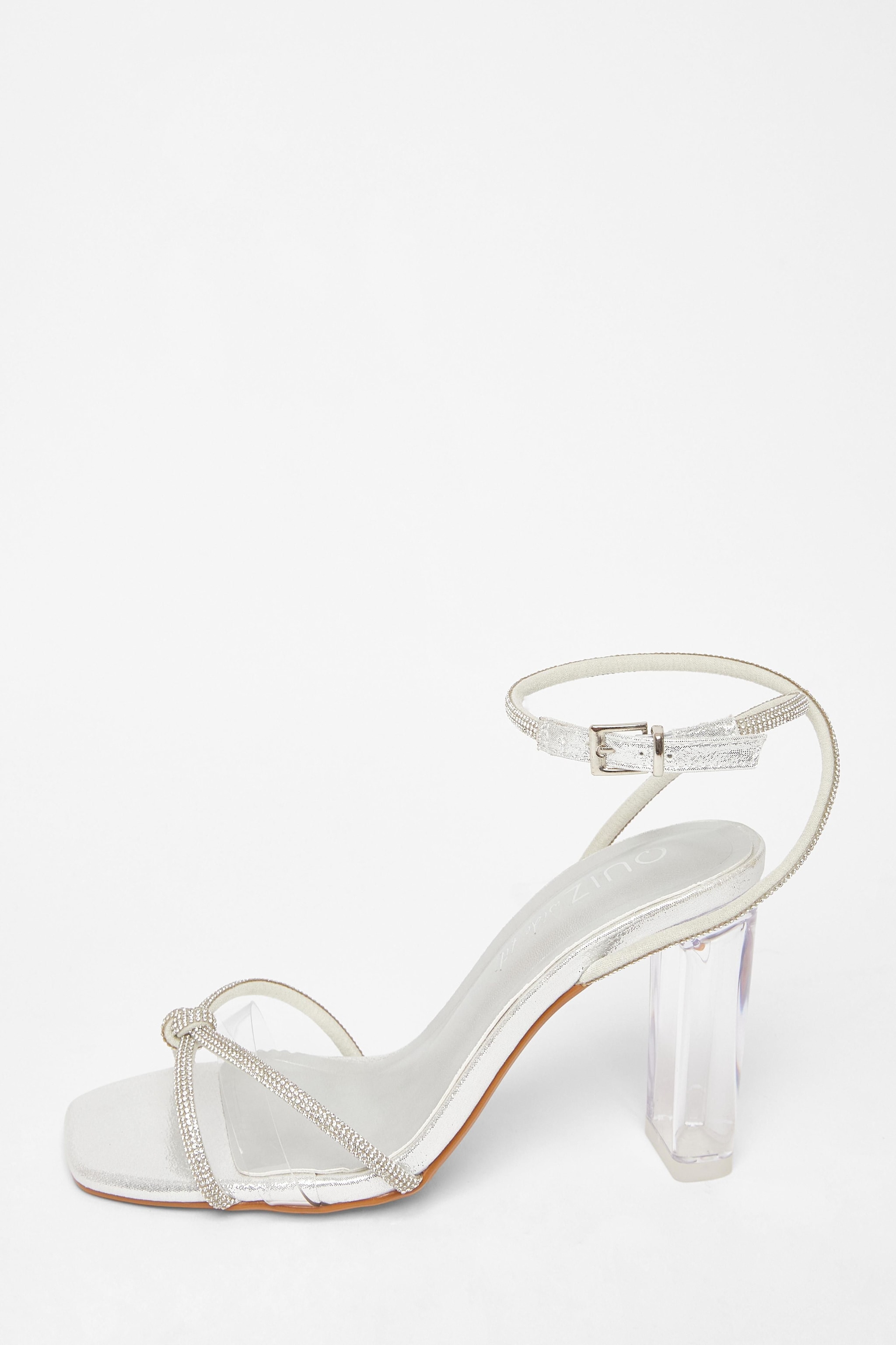 Quiz Silver Wide Fit Diamante Clear Block Heels image 3