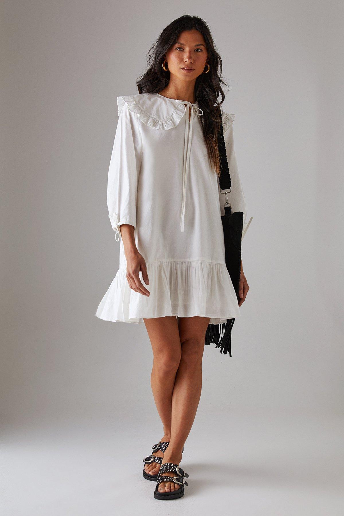 Warehouse Poplin Oversized Collar Tie Detail Mini Smock Dress White image 4