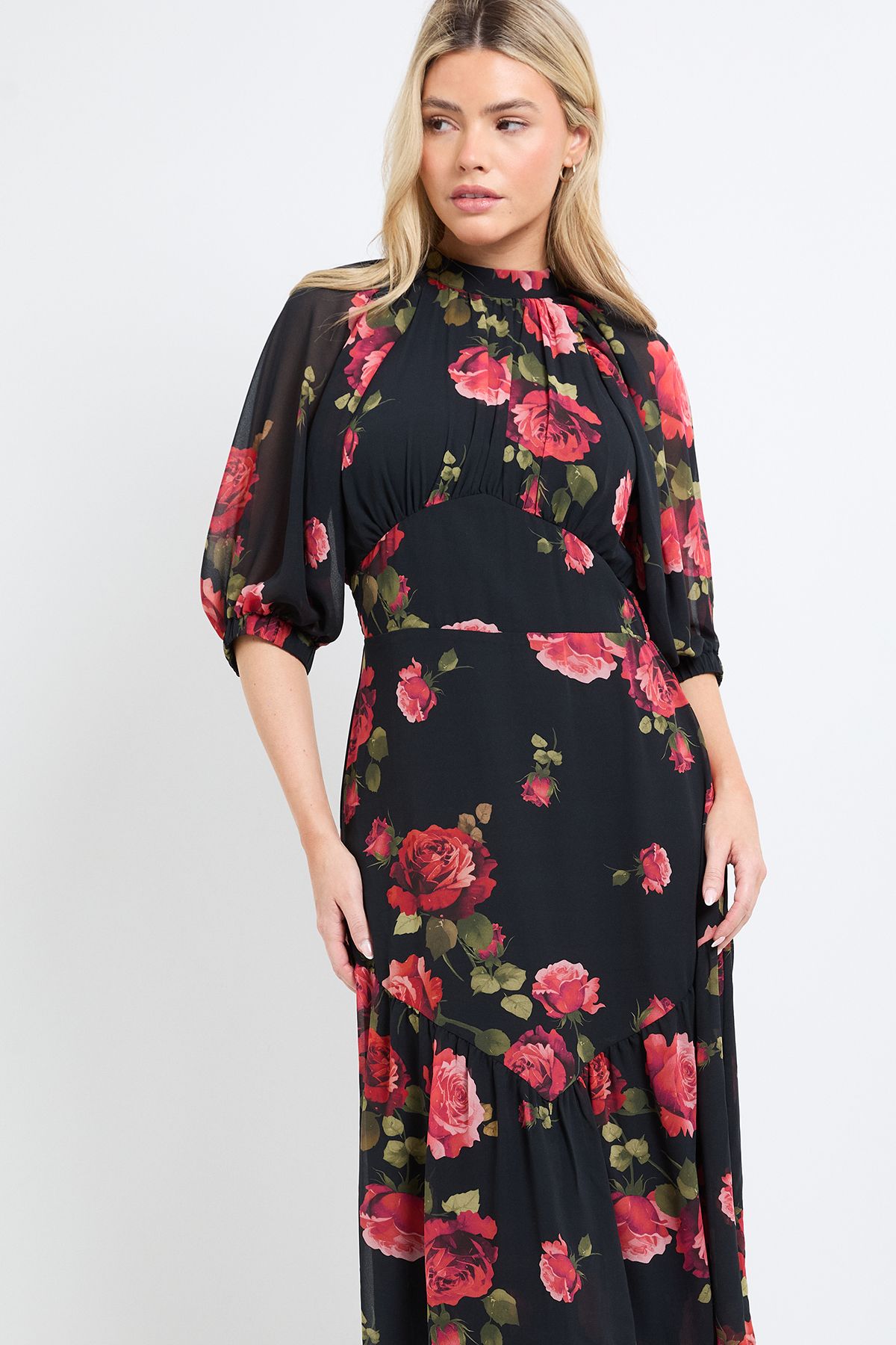 Dorothy Perkins DP Luxe Printed Floral Chiffon Empire Waist Tiered Frill Maxi Dress Black image 4