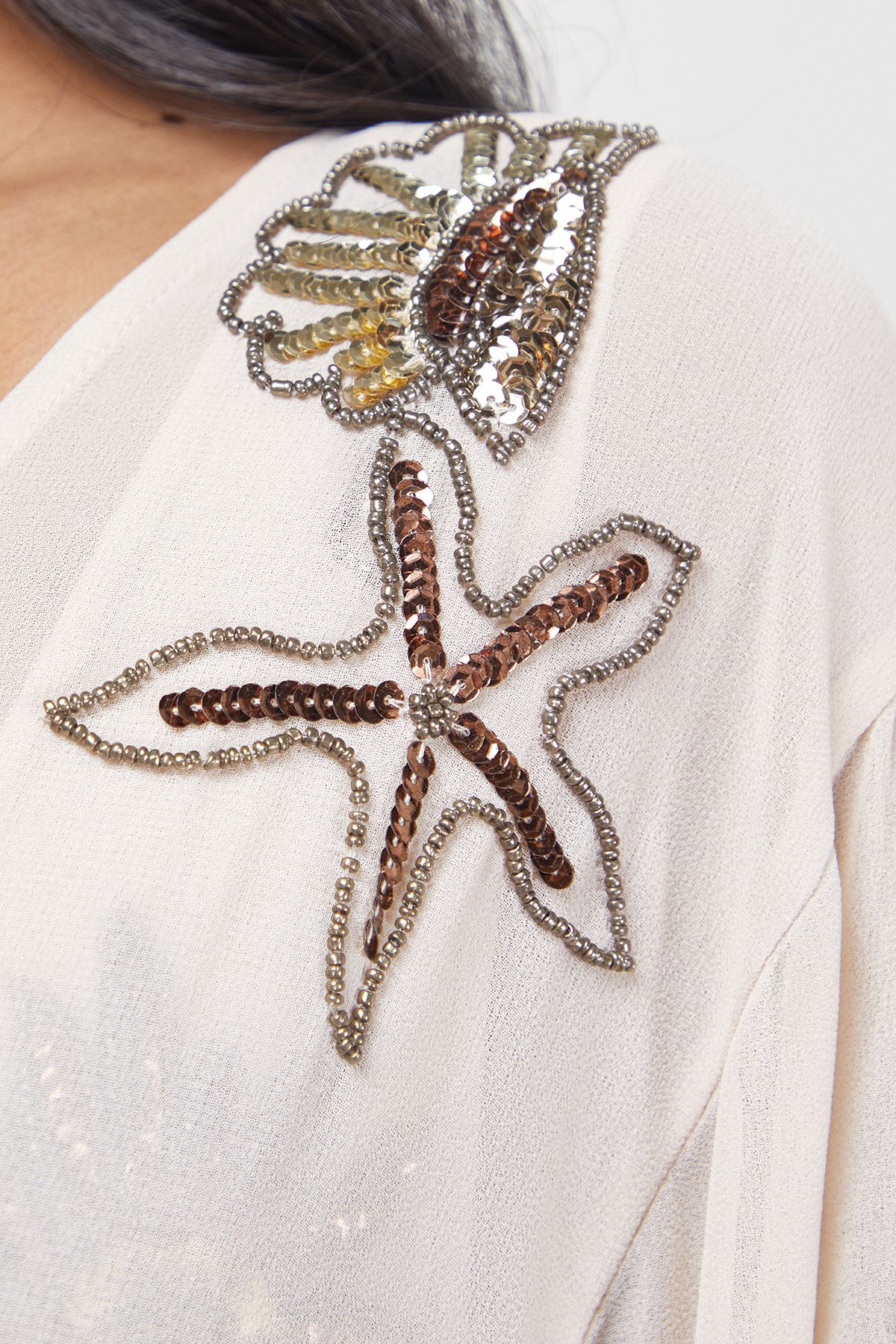 Warehouse Hand Embellished Celestial Fringe Hem Kimono Ivory image 5