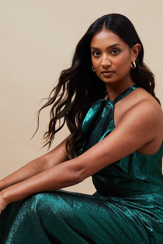 Oasis Foil Halterneck Ruffle Foil Midaxi Dress Green image 2